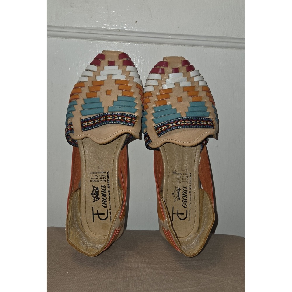Corona Brand.Mexican Huarache Sandals. Handmade. Aztec Ribbon. Colorful. 7.5